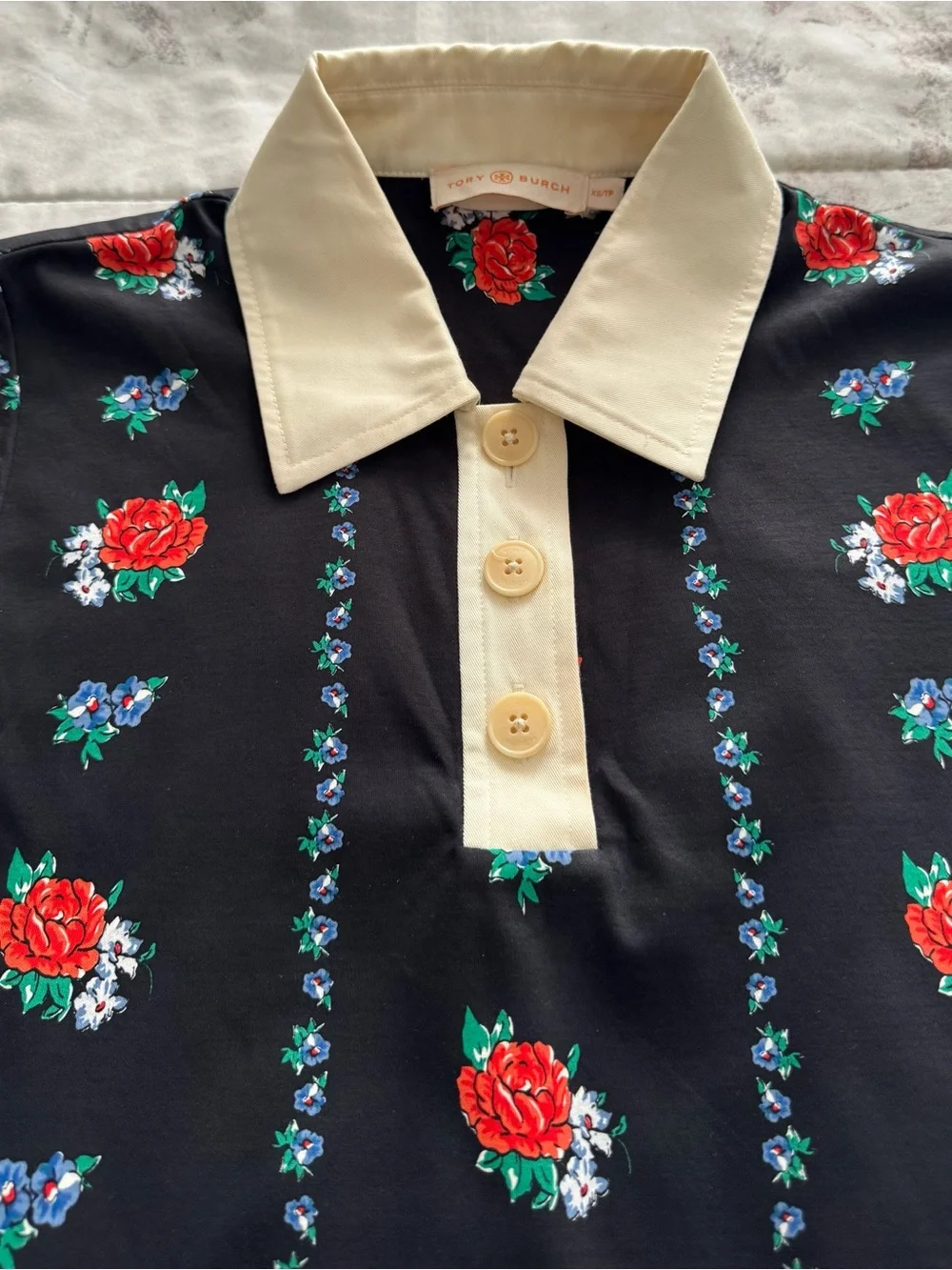 Tory Burch Black Floral Polo lined Dress with Cream Collar, size XS luxury boho